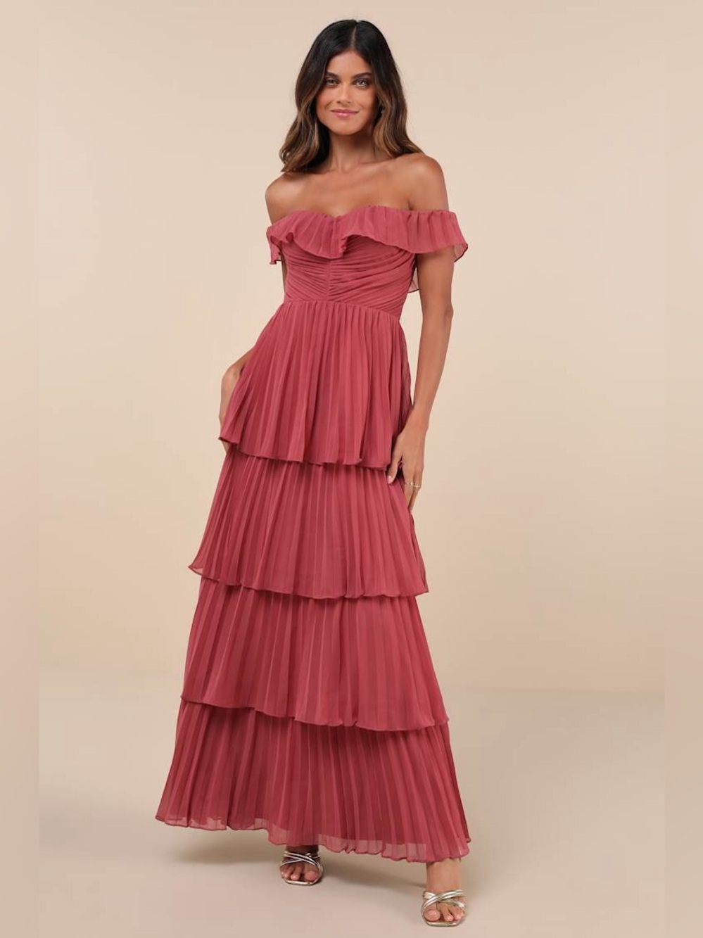 NWT Lulus Always Remarkable Rusty Rose Pleated Off-the-Shoulder Maxi Dress Large